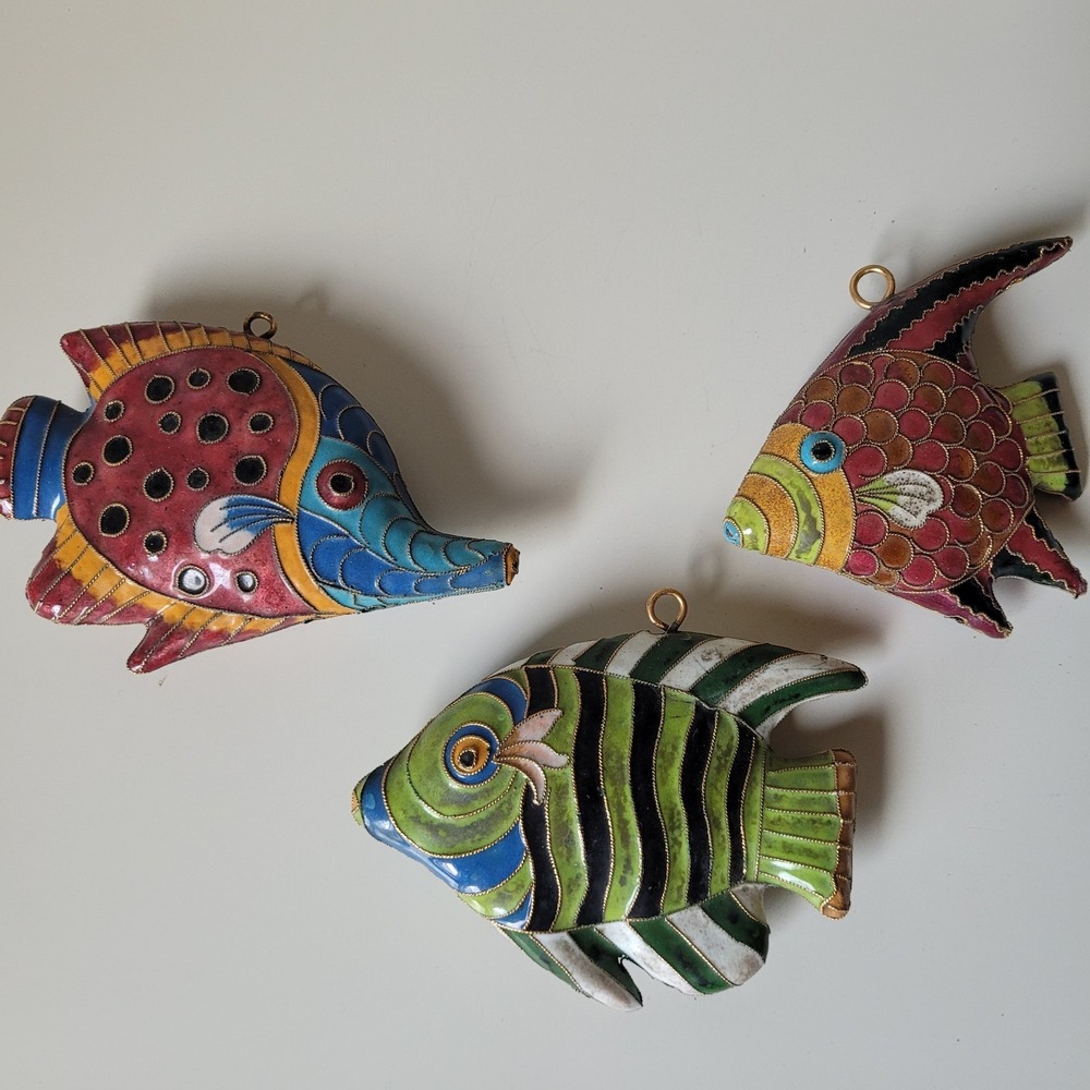 Vintage Cloisonne Enamel Fish Wall Hanging Decor Set of 3 Tropical Fish 4.5"